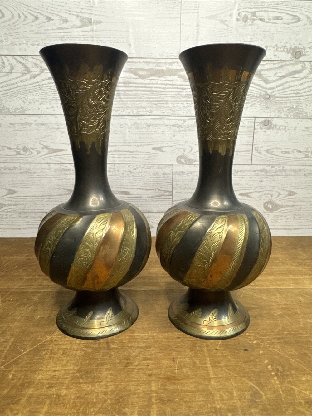MCM INDIAN FLORAL ETCHED SOLID BRASS VASES Ruffled Rim Black Gold Copper